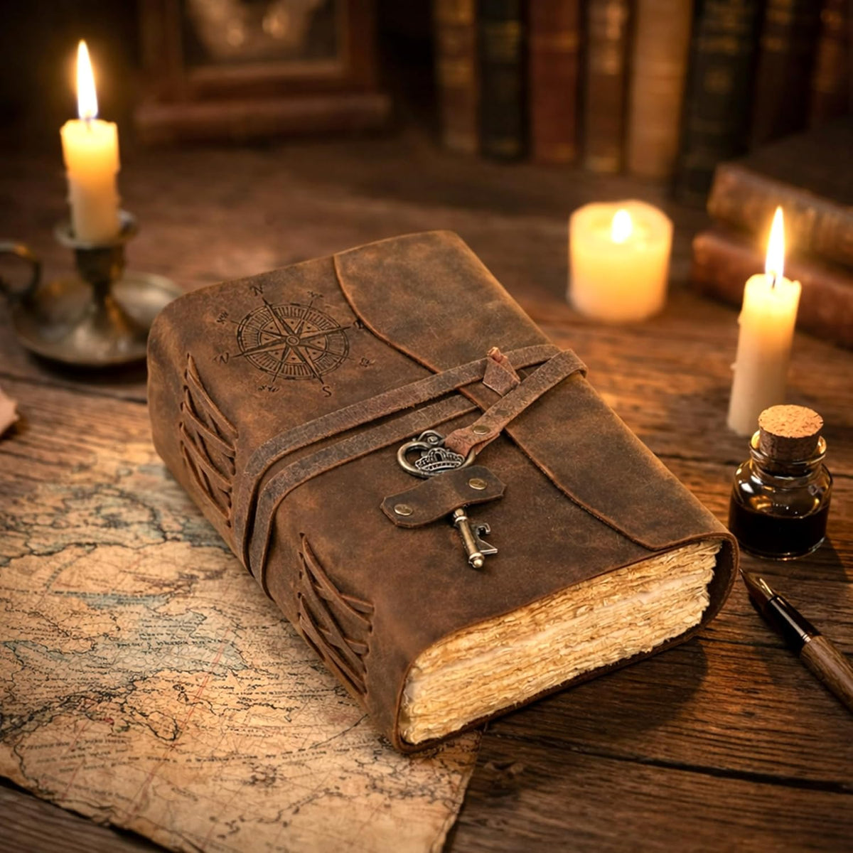 Vintage Key Leather Journal with Compass Embossed