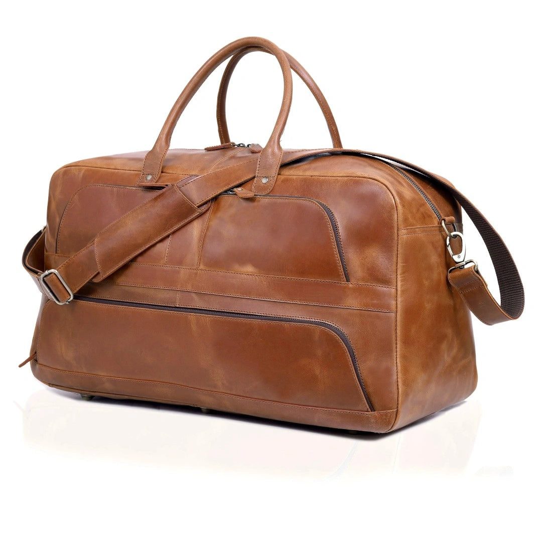 Large duffel bags for men leather travel bag overnight gym sports weekend bag (TAN BROWN, 24